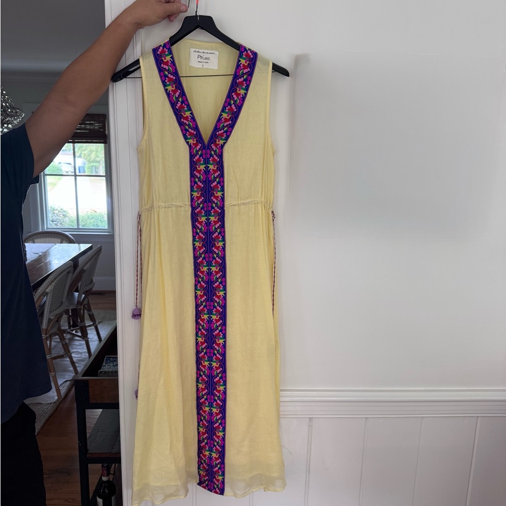 Pitusa Yellow Maxi Dress with Purple Embroidery